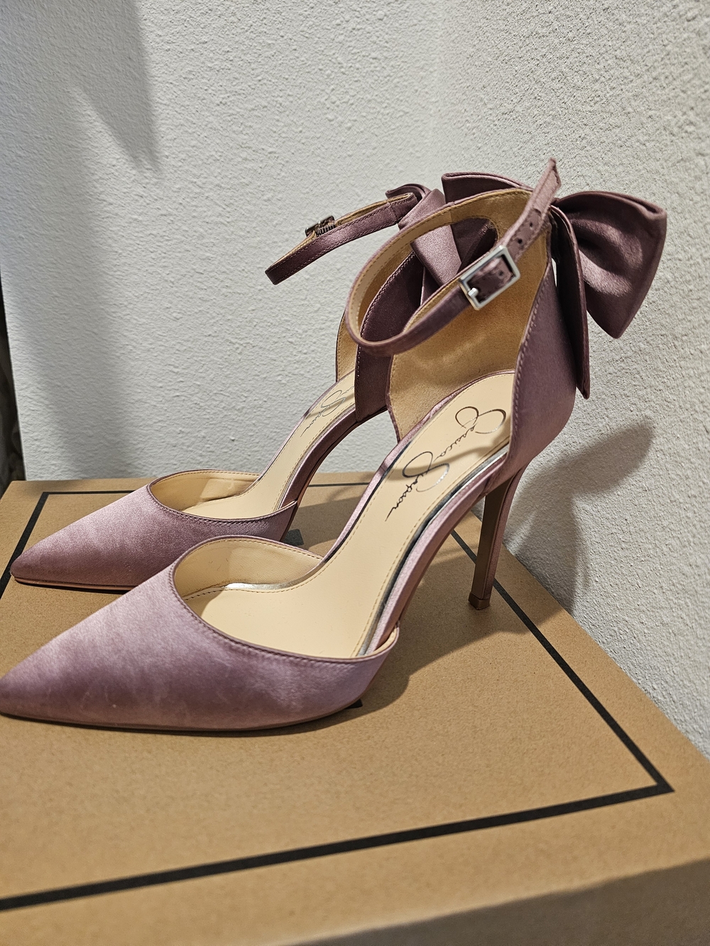 Jessica Simpson Mauve Satin Pointed-Toe Ankle-Strap Heels with Bow